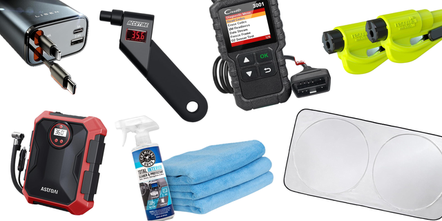 Vários acessórios automotivos essenciais, incluindo um kit de emergência, compressor de pneus e suporte para celular.
