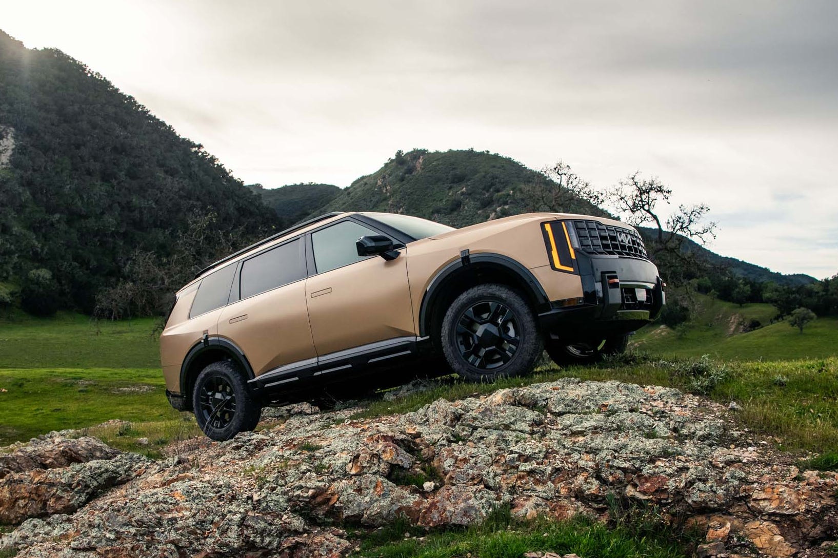 Detalhe do volante e painel de instrumentos do Kia Telluride X-Pro com indicadores off-road