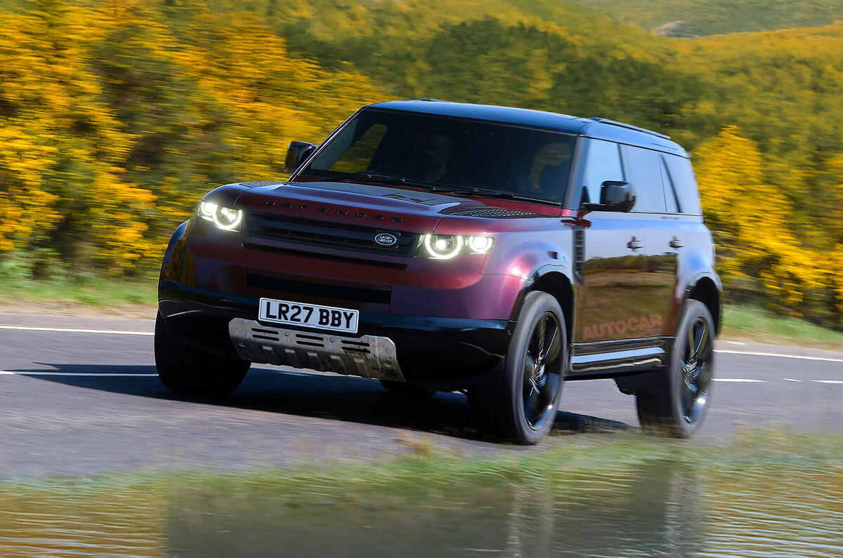Renderização frontal do futuro Land Rover Defender Sport elétrico