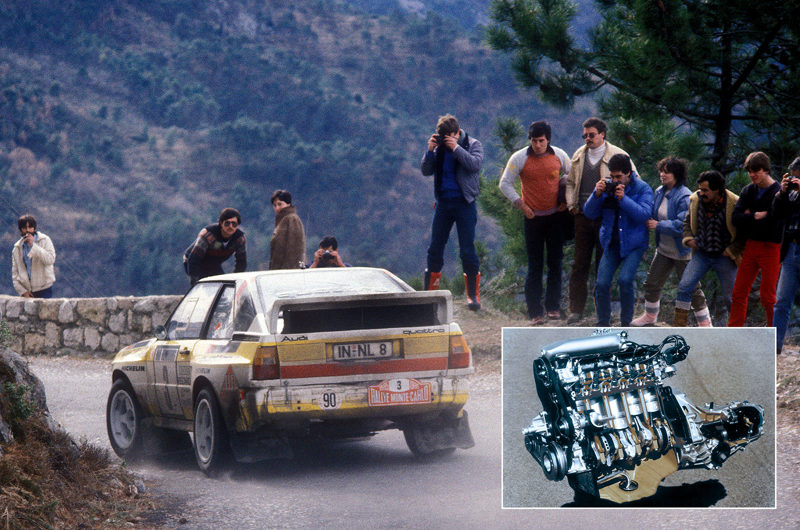 Motores — Audi Quattro de rali com seu motor turbo de cinco cilindros R5.