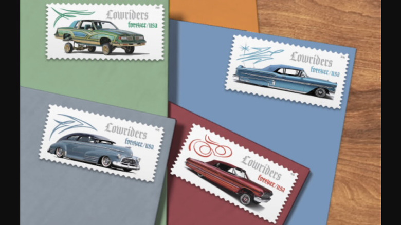 Folha de selos lowrider com cinco designs diferentes