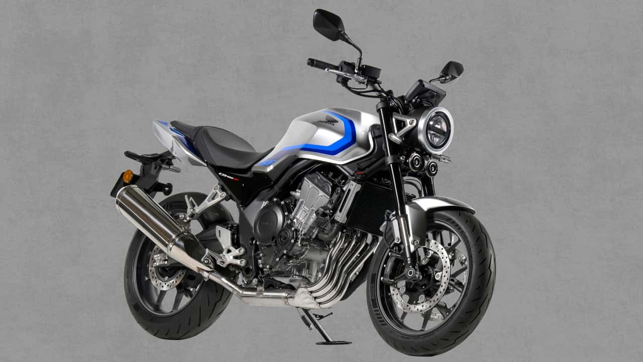 Honda CB400 Super Four E-Clutch Concept em cor azul com detalhes em vermelho