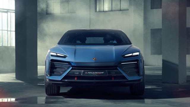 Lamborghini Lanzador Concept 2029 em azul perolado, vista frontal três quartos