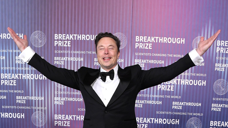 Elon Musk em evento com a logo da Tesla ao fundo