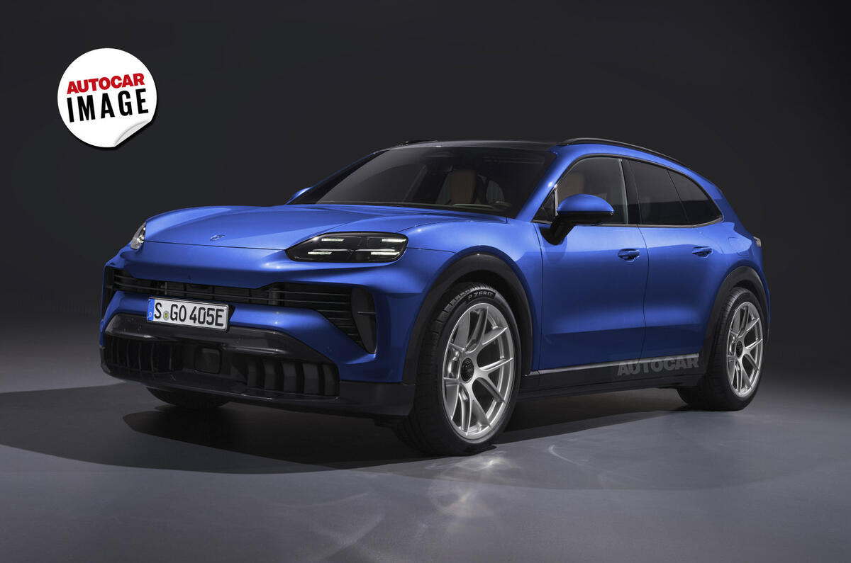 Renderização artística do Porsche K1, mostrando um SUV de grande porte e design imponente