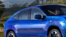 Lateral de um BMW iX4 renderizado em ambiente urbano