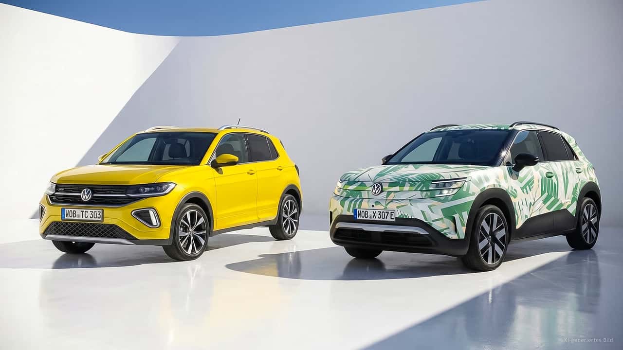 Comparativo entre o VW ID. Cross 2026 e o VW T-Cross 2026, mostrando as diferenças visuais e de porte.